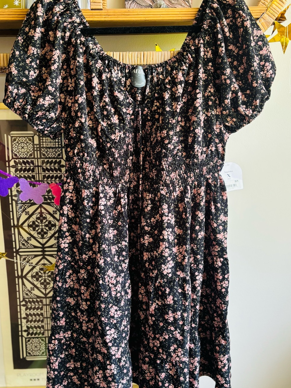 ARULA Black Dress with Pink Floral Print - Puff Sleeve Mini Plus size 1X